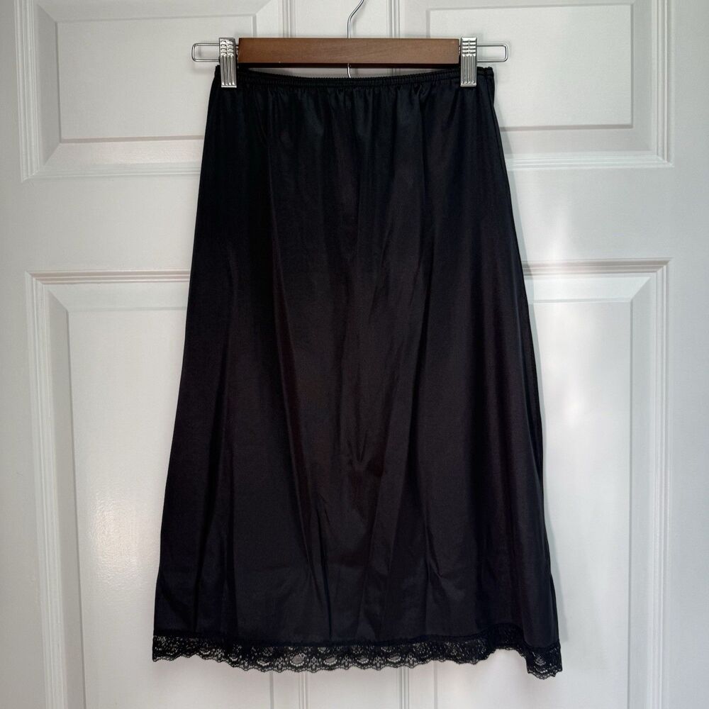Vintage 1960s Bali Black Nylon Half Slip Size Medium Elastic Waist Lace Trim